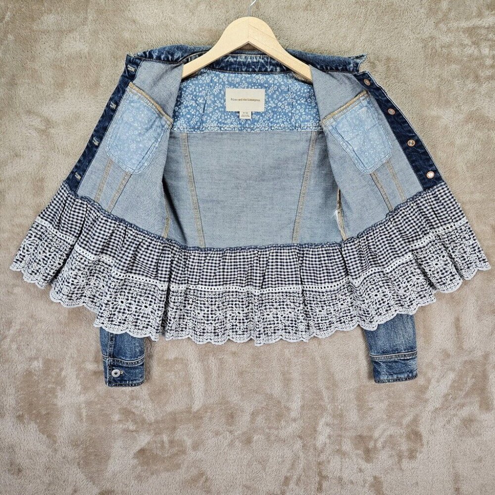 Anthropologie Pilcro and the Letterpress Denim Eyelet Gingham Jean Jacket Sz XS - Picture 7 of 10
